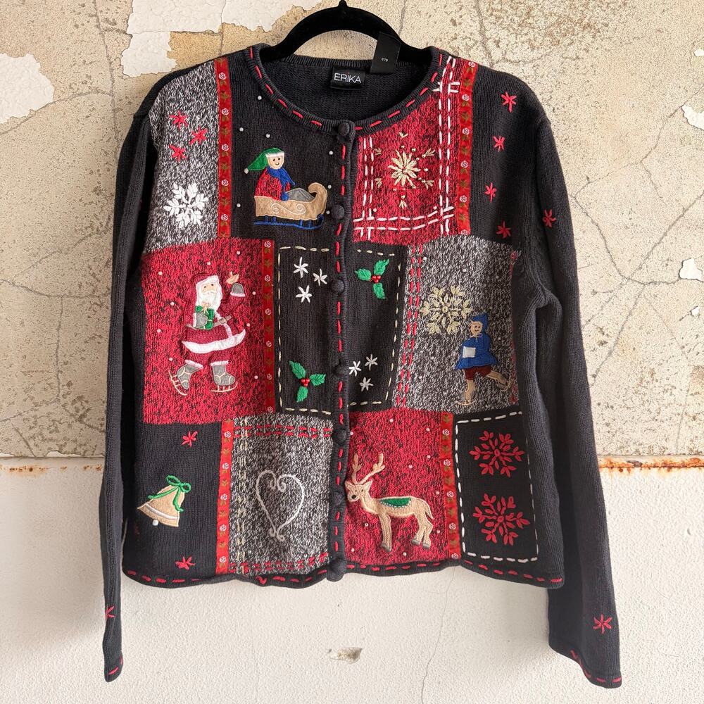 Vtg 90s Christmas Sweater Cardigan Patchwork Embroidered Holiday Womens L Erika